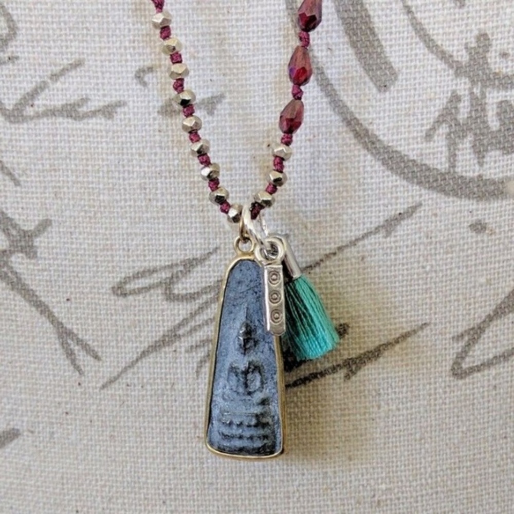 Sundance Catalog Long Beaded Garnet Red Buddha Amulet Pendant Necklace - Picture 2 of 3